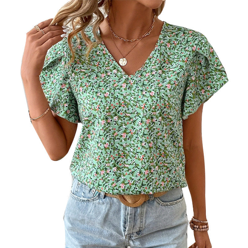 Women's Floral Blouse with Ruffle Sleeves for Summer