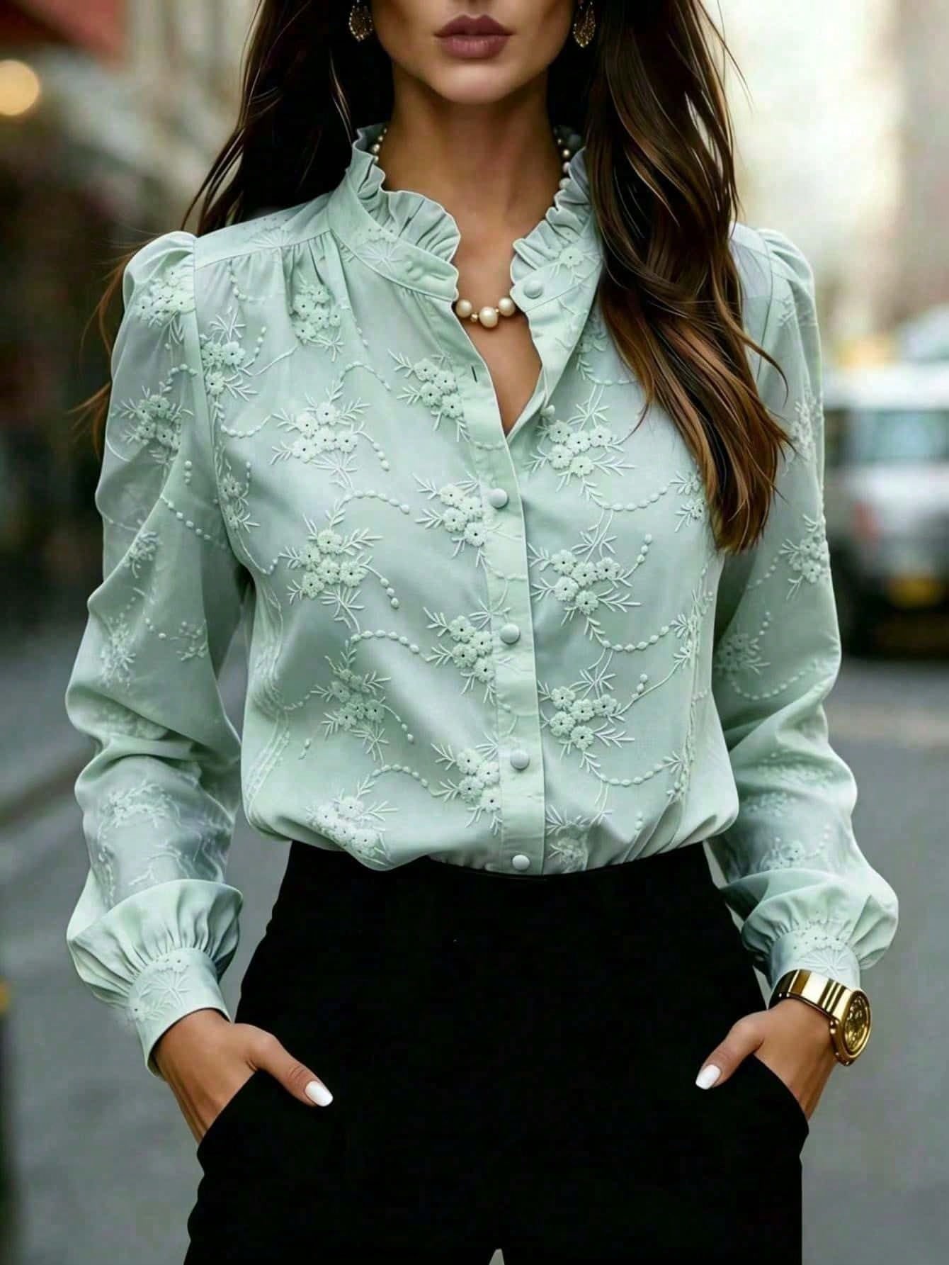 Women's Floral Embroidered Shirt with Puffed Sleeves