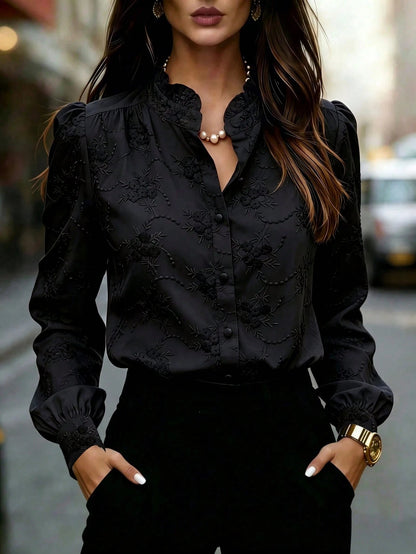 Women's Floral Embroidered Shirt with Puffed Sleeves
