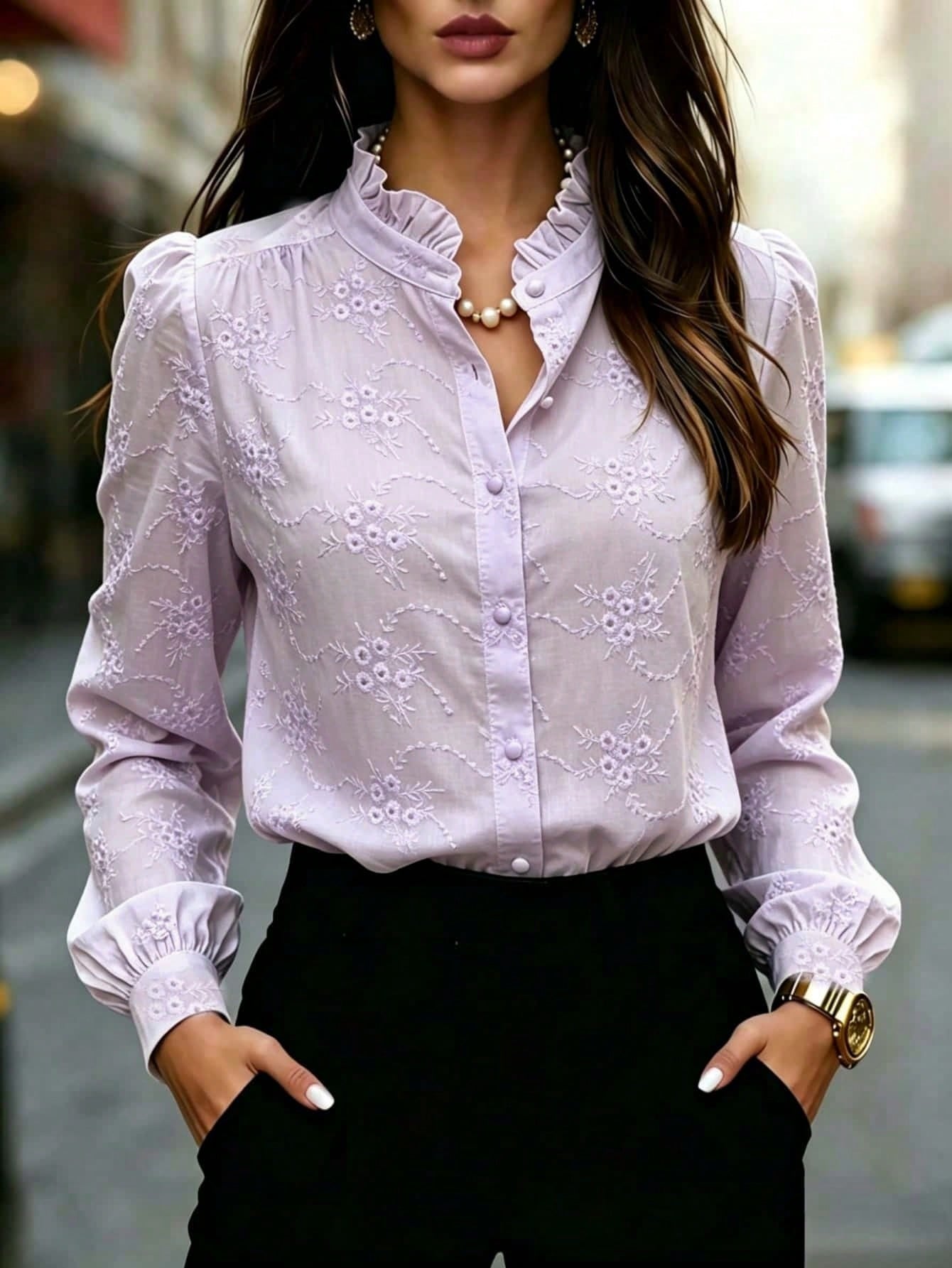 Women's Floral Embroidered Shirt with Puffed Sleeves
