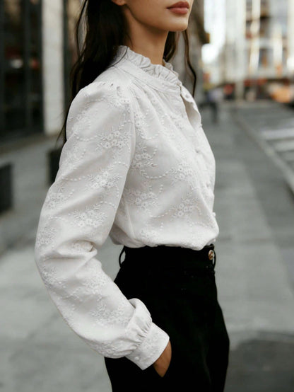 Women's Floral Embroidered Shirt with Puffed Sleeves