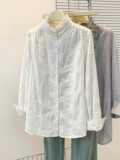 Women's Floral Embroidered Shirt with Puffed Sleeves