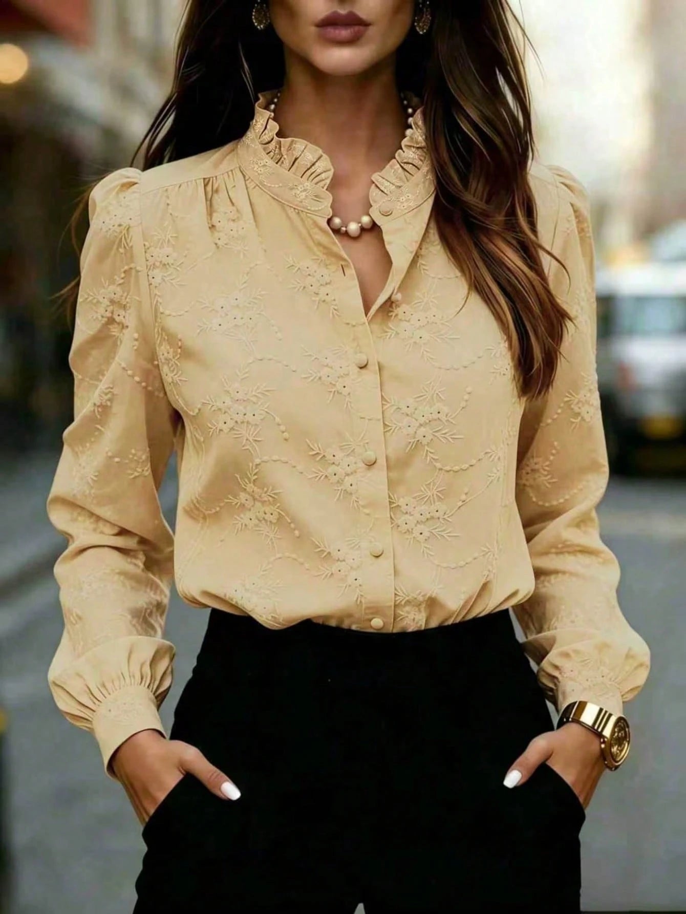 Women's Floral Embroidered Shirt with Puffed Sleeves