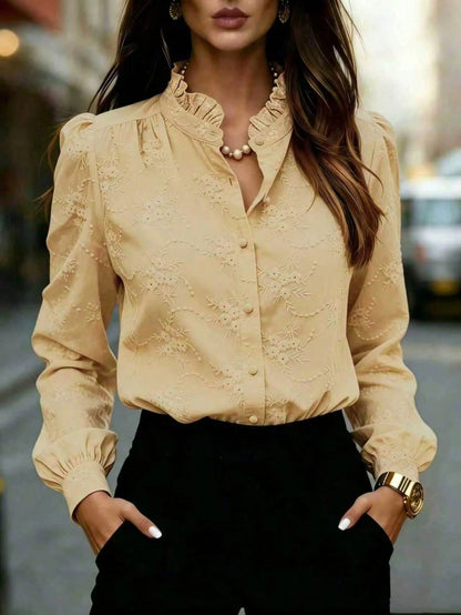 Women's Floral Embroidered Shirt with Puffed Sleeves