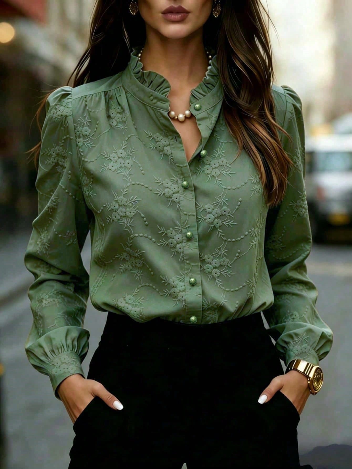 Women's Floral Embroidered Shirt with Puffed Sleeves