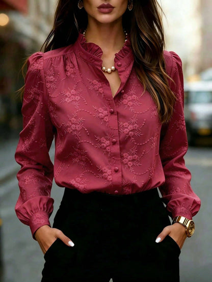 Women's Floral Embroidered Shirt with Puffed Sleeves
