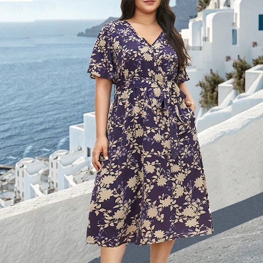 Women's Floral Maxi Dress with V-Neck and Belt