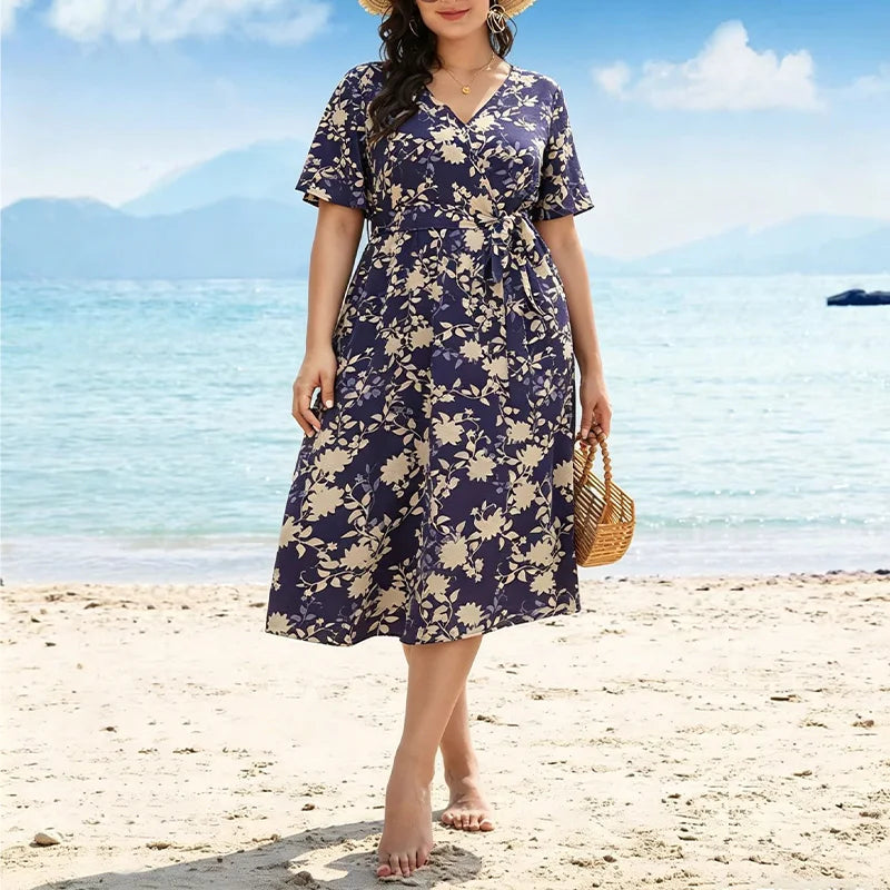Women's Floral Maxi Dress with V-Neck and Belt