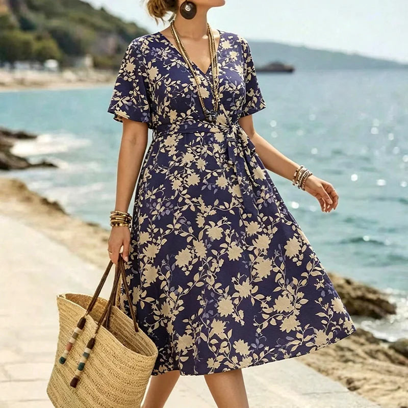 Women's Floral Maxi Dress with V-Neck and Belt