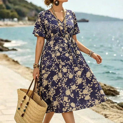 Women's Floral Maxi Dress with V-Neck and Belt