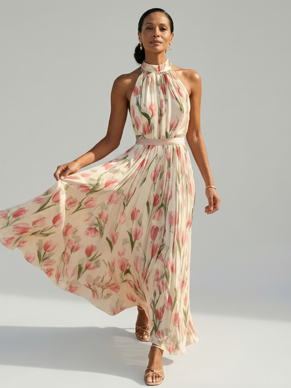 Women's Floral Midi Dress with Flattering Cut and Sleeveless Design