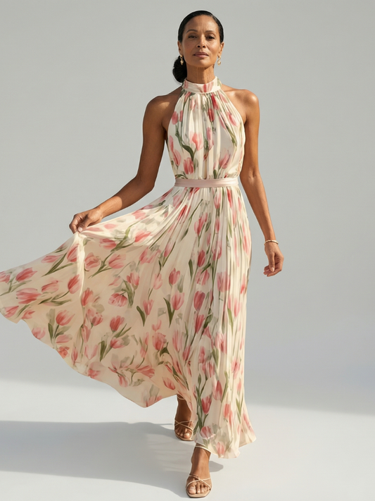 Women's Floral Midi Dress with Flattering Cut and Sleeveless Design
