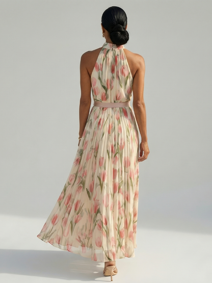 Women's Floral Midi Dress with Flattering Cut and Sleeveless Design