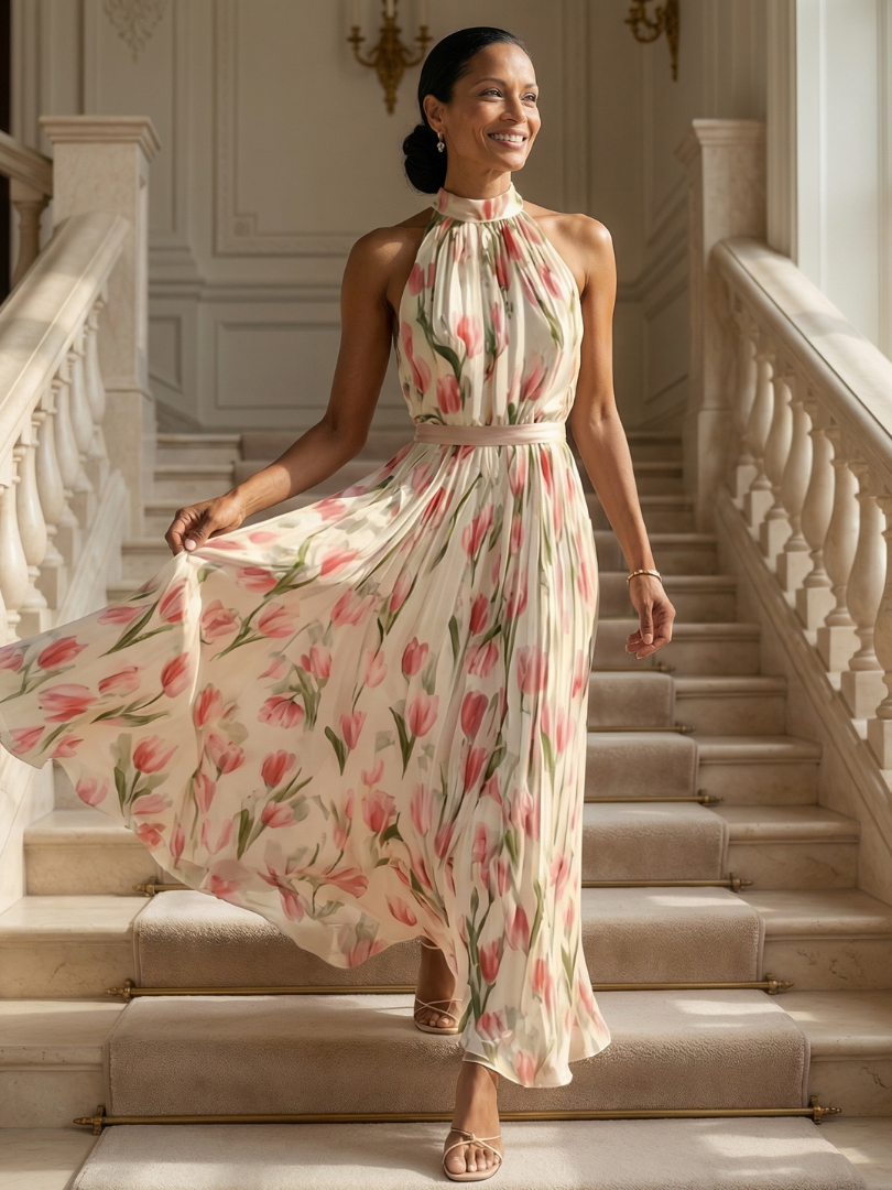 Women's Floral Midi Dress with Flattering Cut and Sleeveless Design