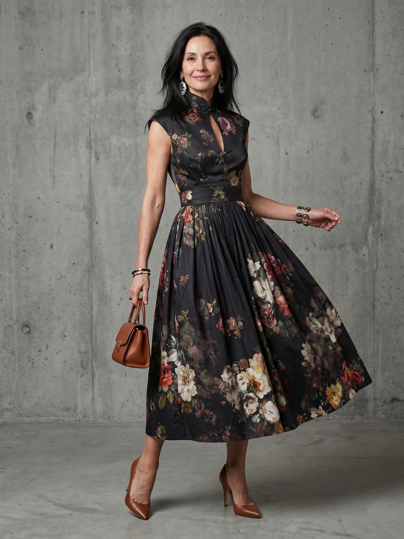 Women's Floral Midi Dress with High Neck and Pleated Skirt