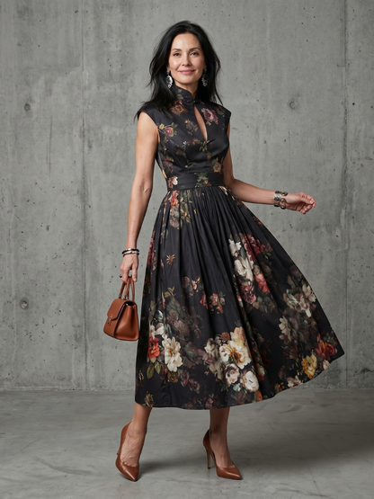 Women's Floral Midi Dress with High Neck and Pleated Skirt