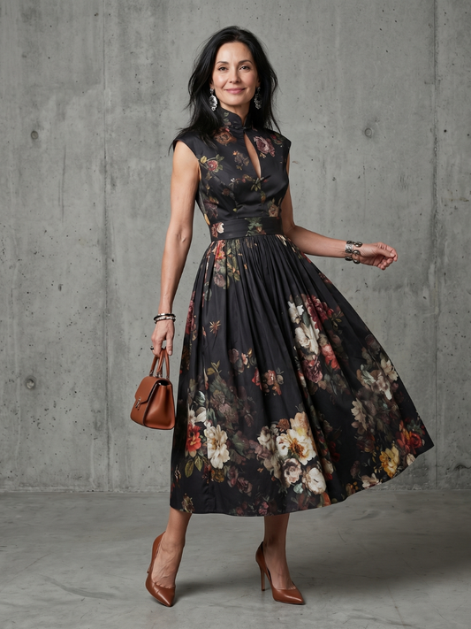 Women's Floral Midi Dress with High Neck and Pleated Skirt