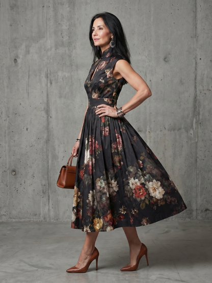 Women's Floral Midi Dress with High Neck and Pleated Skirt