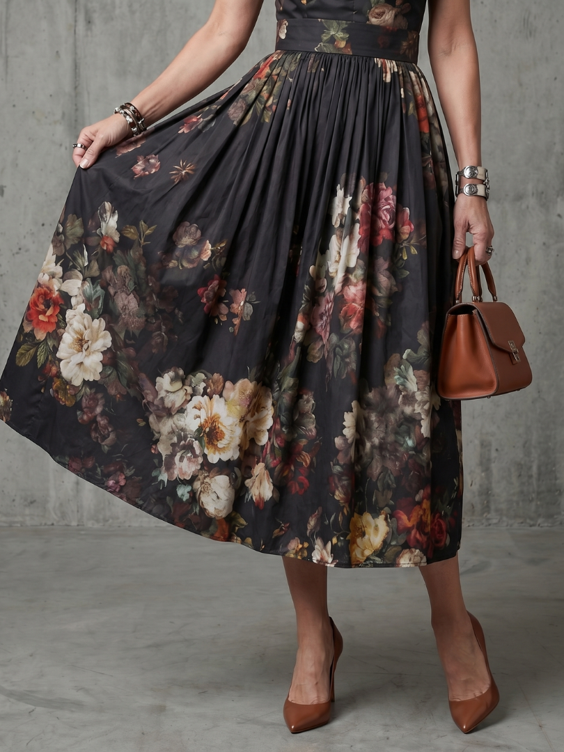 Women's Floral Midi Dress with High Neck and Pleated Skirt