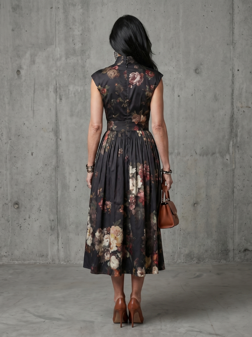 Women's Floral Midi Dress with High Neck and Pleated Skirt
