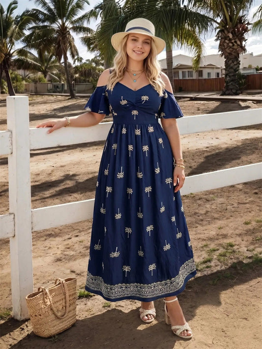Women's Floral Midi Dress with Off-Shoulder Detail