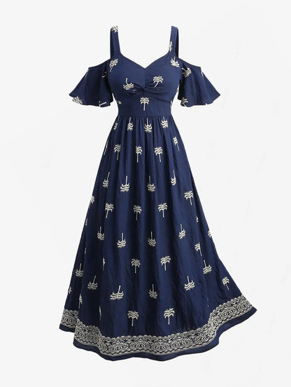 Women's Floral Midi Dress with Off-Shoulder Detail