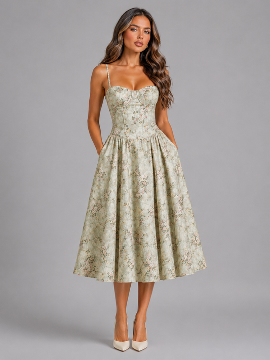 Women's Floral Midi Dress with Sweetheart Neckline