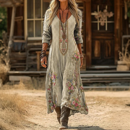 Women's Floral Midi Dress with V-Neck