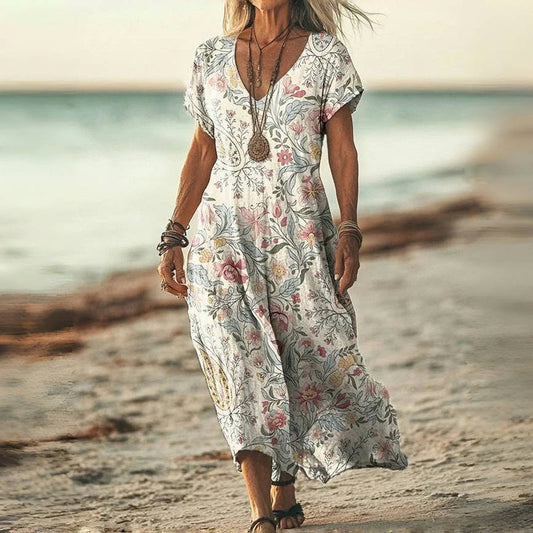 Women's Floral Midi Dress with V-Neck