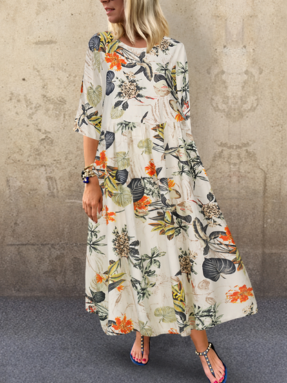 Women's Floral Print Summer Dress with Three-Quarter Sleeves