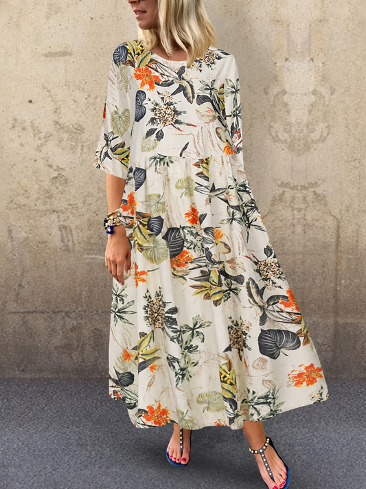 Women's Floral Print Summer Dress with Three-Quarter Sleeves