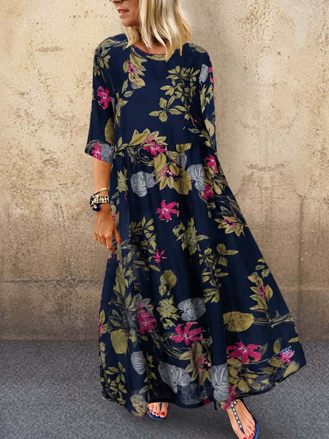 Women's Floral Print Summer Dress with Three-Quarter Sleeves