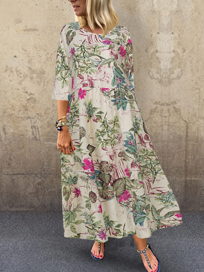 Women's Floral Print Summer Dress with Three-Quarter Sleeves