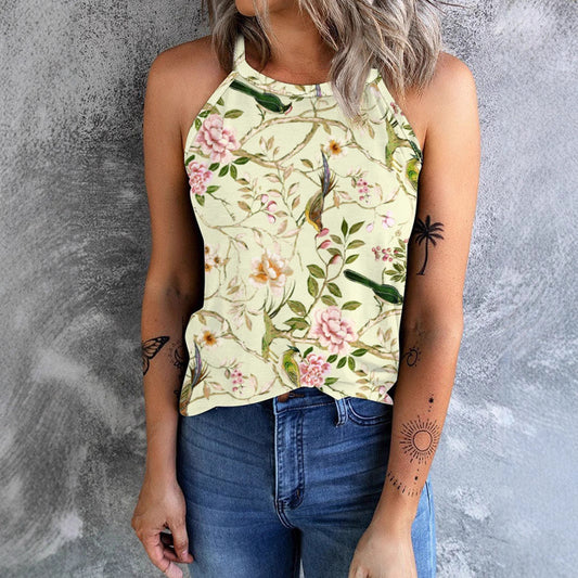 Women's Floral Shirt with Stand Collar and Short Sleeves