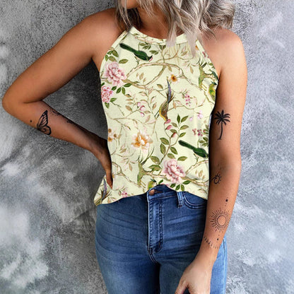 Women's Floral Shirt with Stand Collar and Short Sleeves