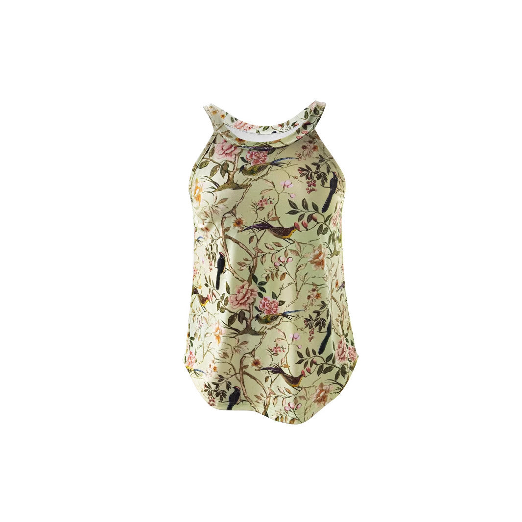 Women's Floral Shirt with Stand Collar and Short Sleeves