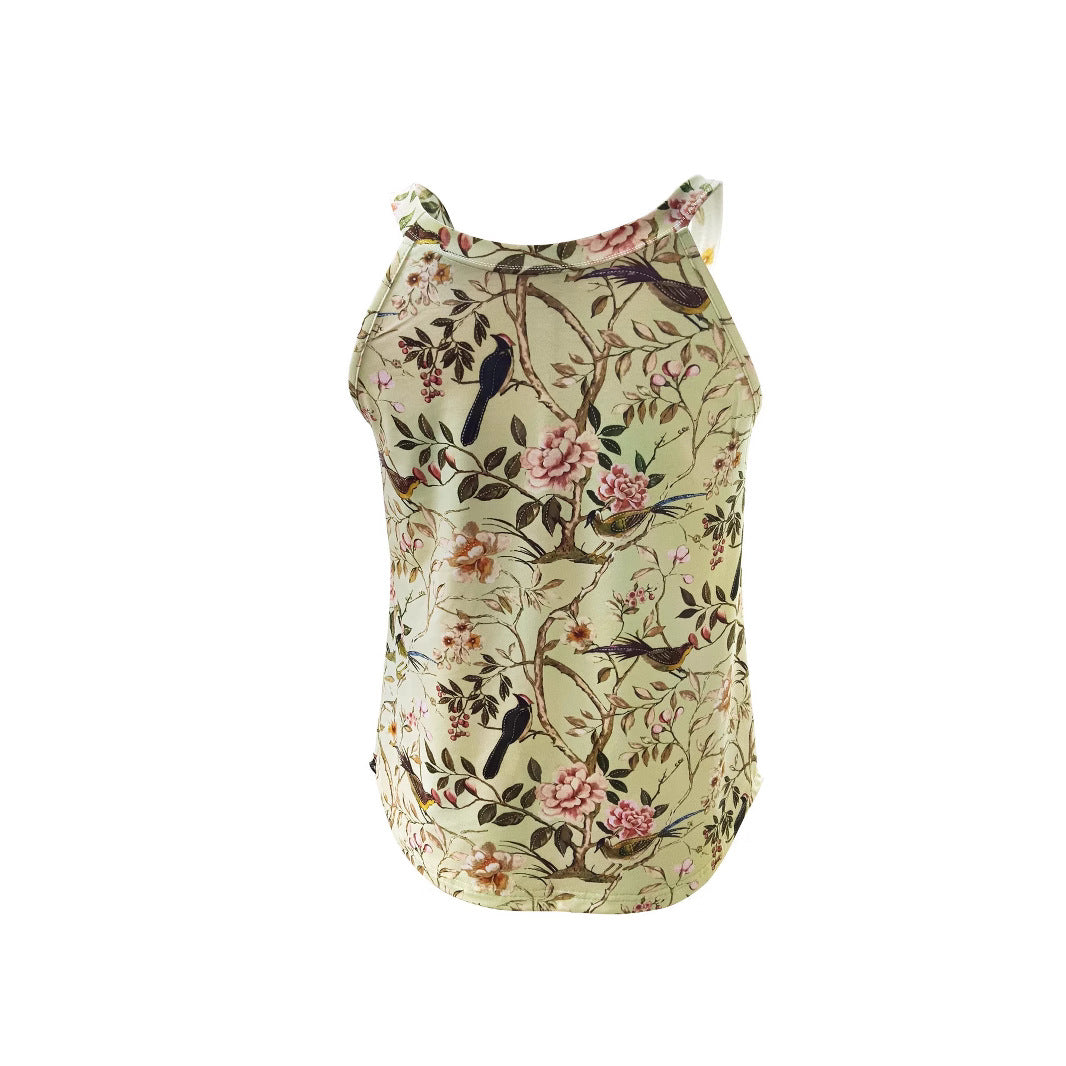 Women's Floral Shirt with Stand Collar and Short Sleeves