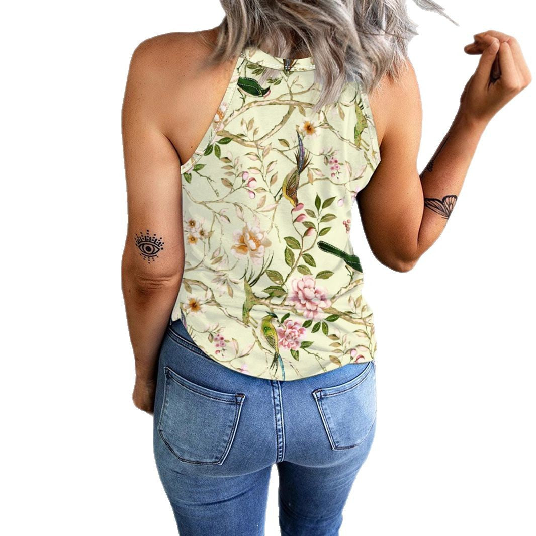 Women's Floral Shirt with Stand Collar and Short Sleeves