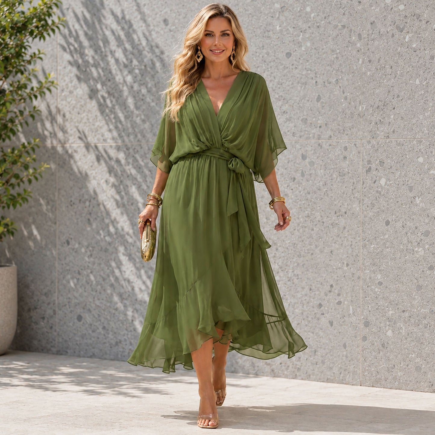 Women's Formal Dress with V-Neck and Flowing Silhouette