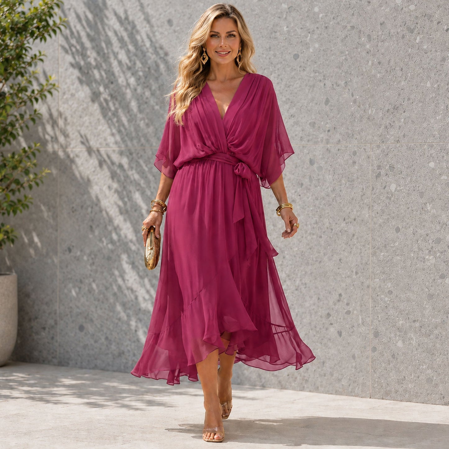 Women's Formal Dress with V-Neck and Flowing Silhouette