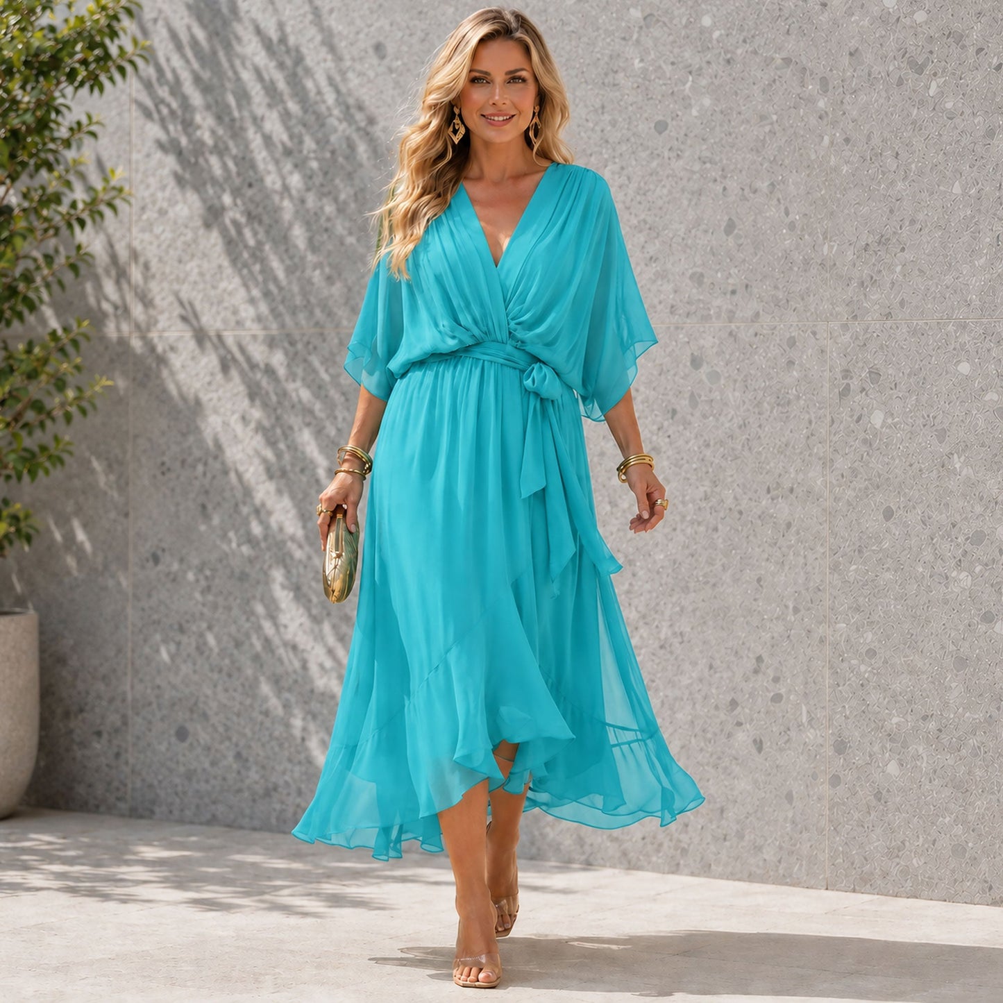 Women's Formal Dress with V-Neck and Flowing Silhouette
