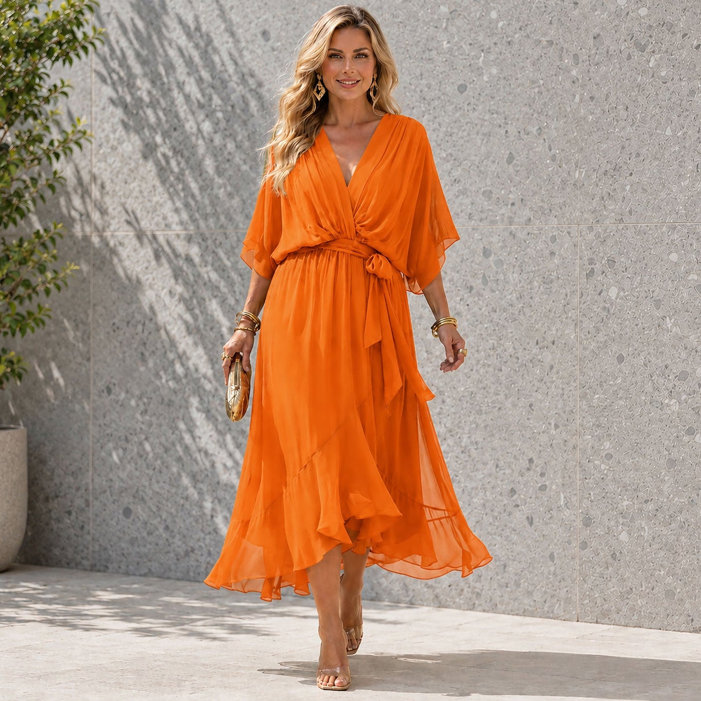 Women's Formal Dress with V-Neck and Flowing Silhouette