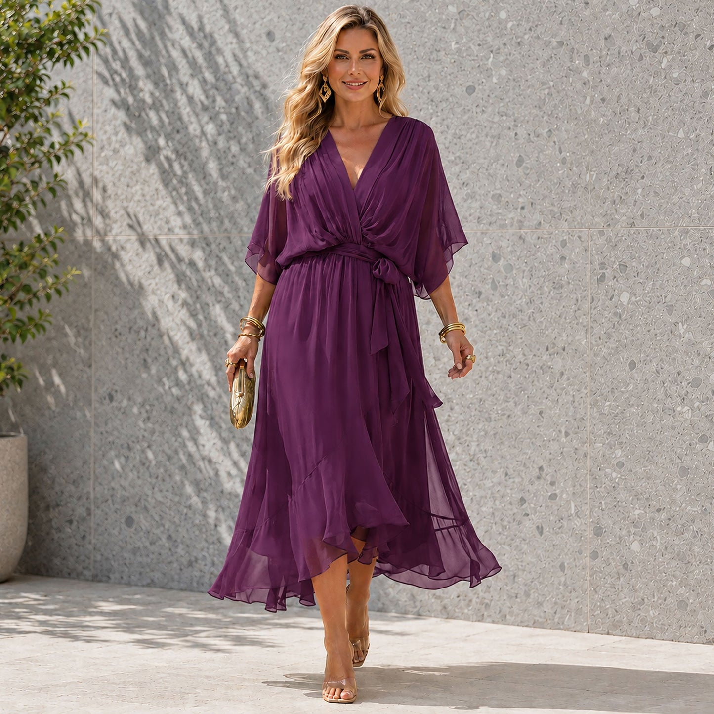 Women's Formal Dress with V-Neck and Flowing Silhouette
