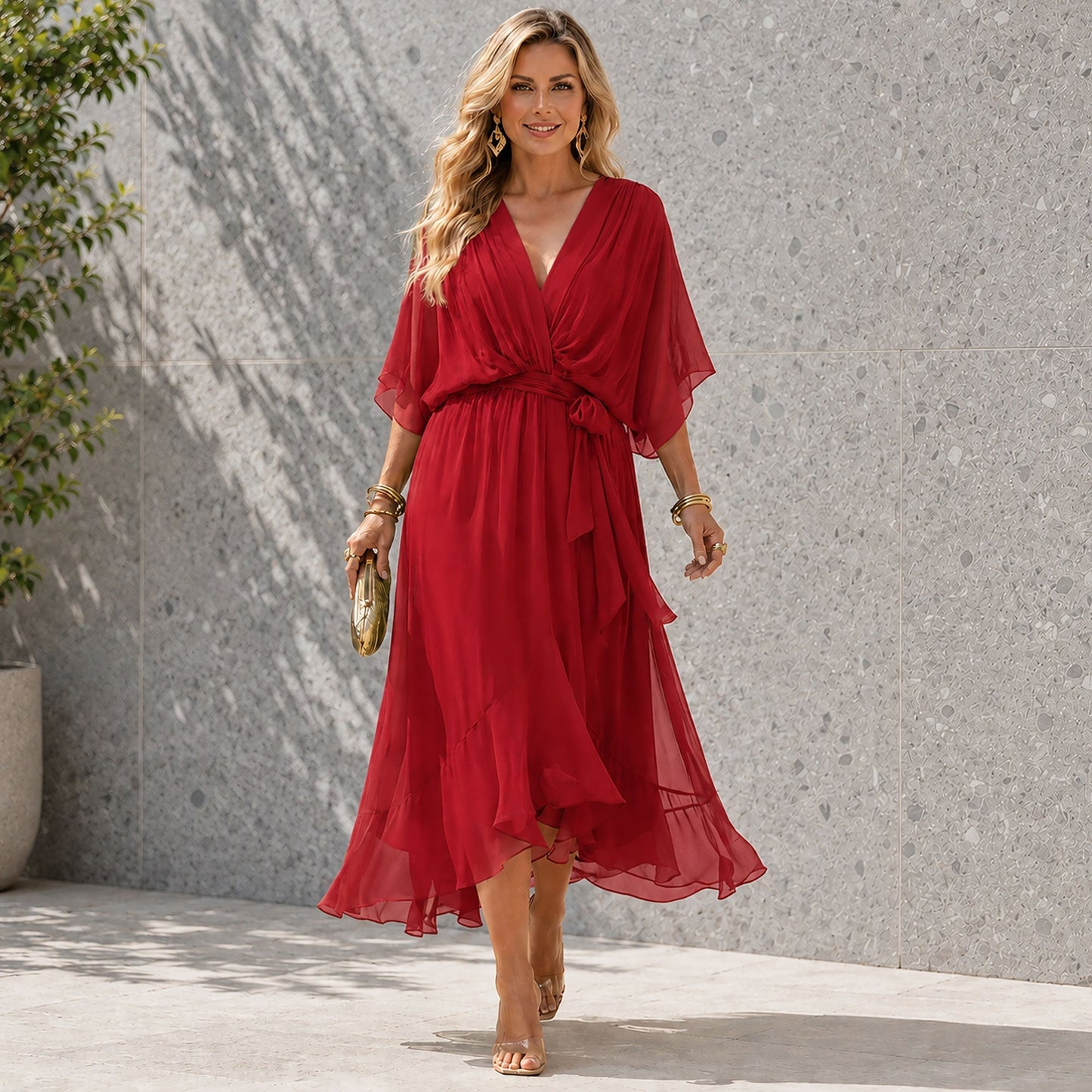 Women's Formal Dress with V-Neck and Flowing Silhouette