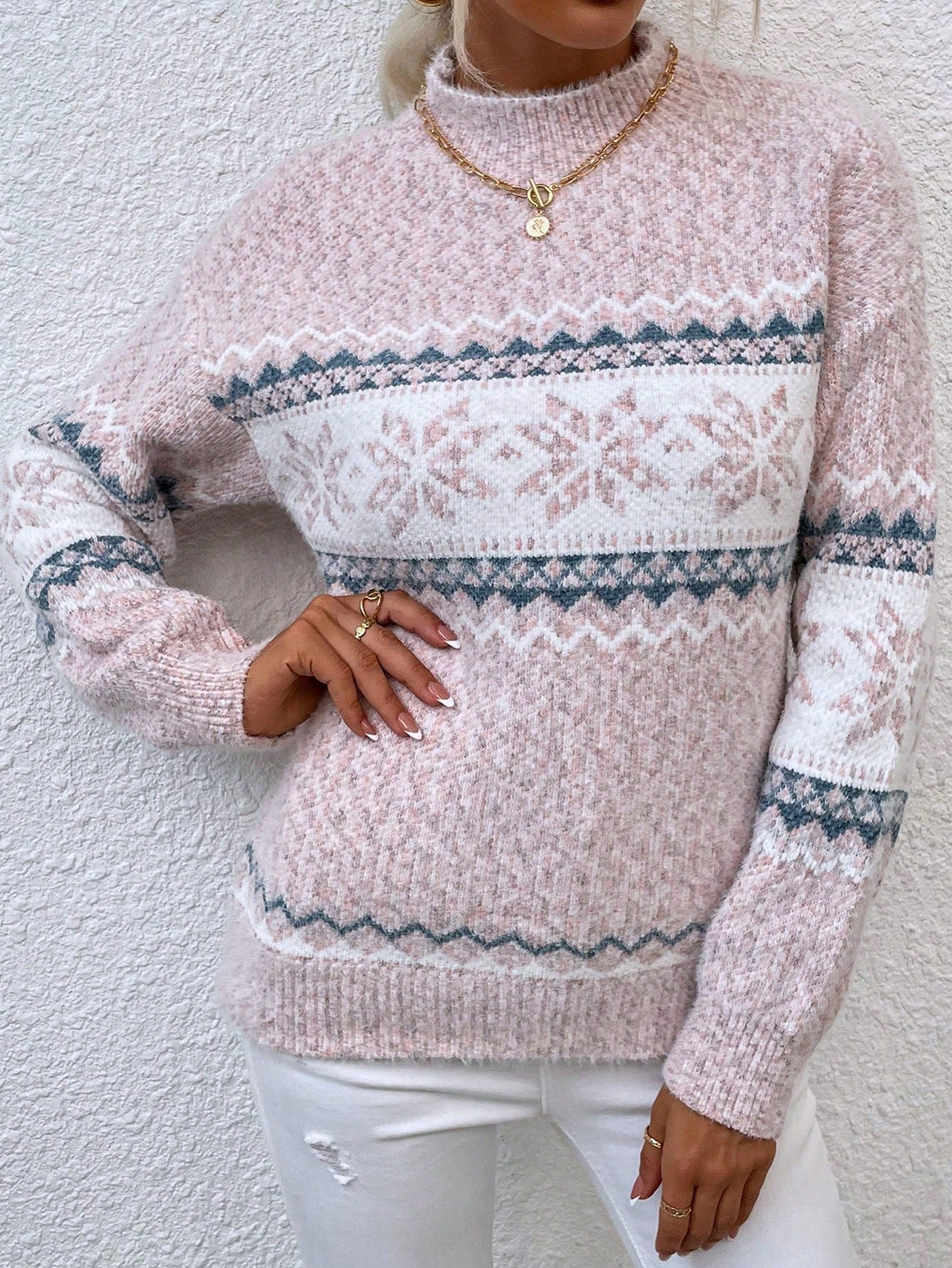 Women's Geometric Print Sweater with Drop Shoulder