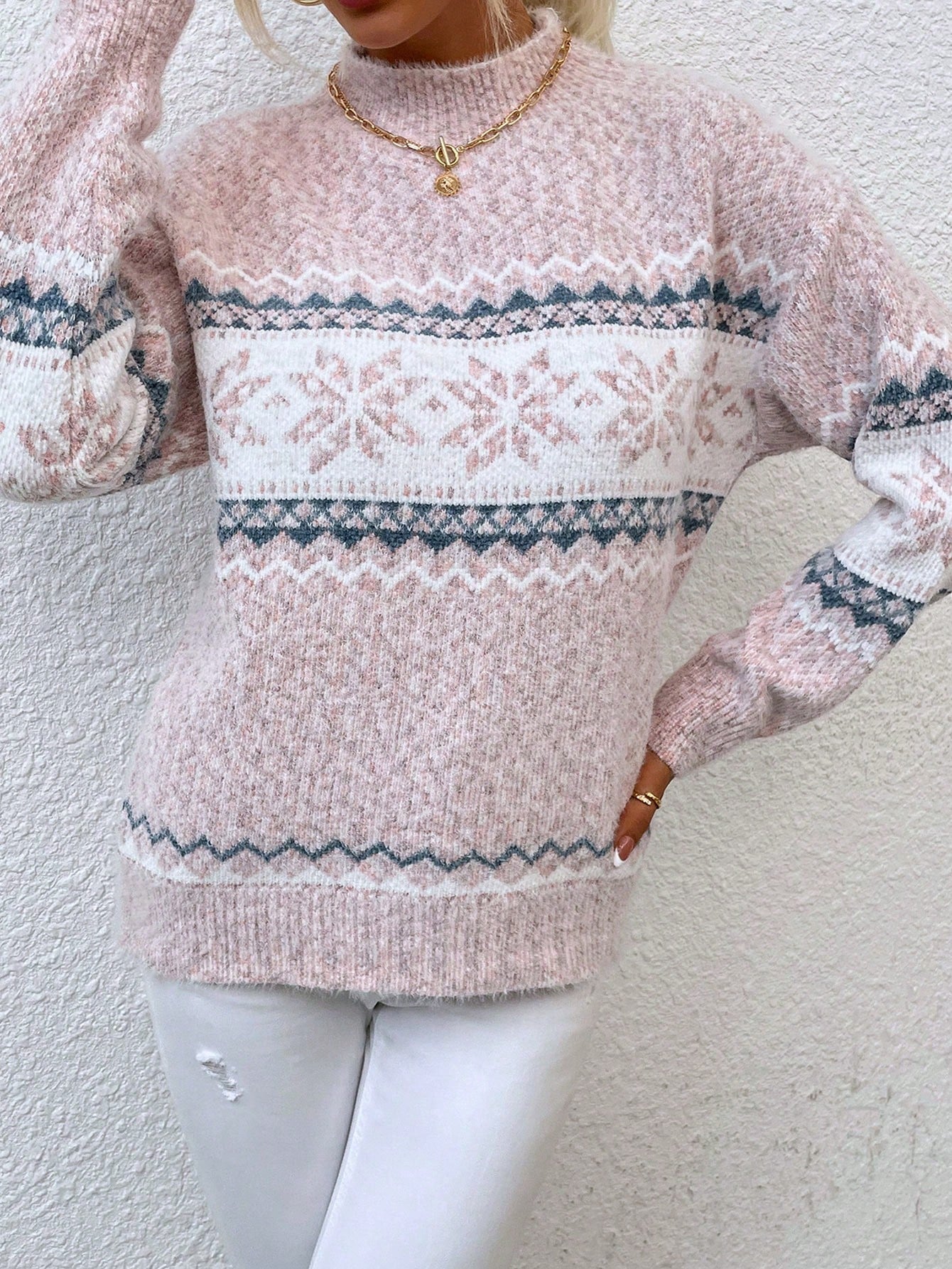 Women's Geometric Print Sweater with Drop Shoulder