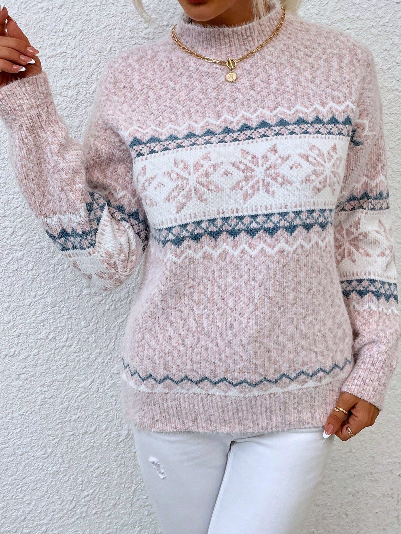 Women's Geometric Print Sweater with Drop Shoulder