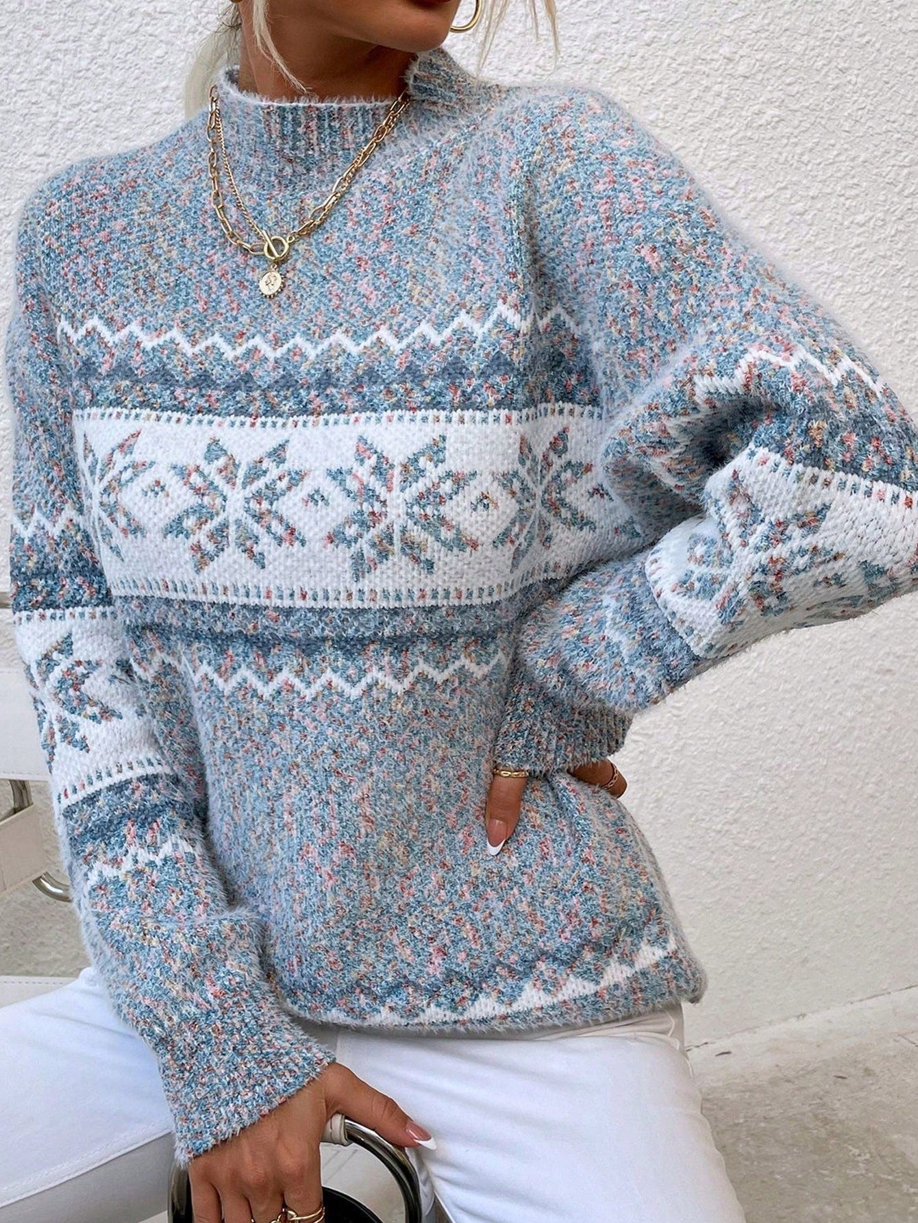 Women's Geometric Print Sweater with Drop Shoulder