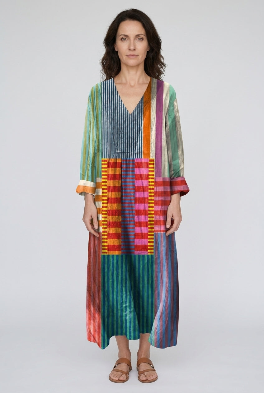 Women's Geometric Woven Midi Dress with Long Sleeves
