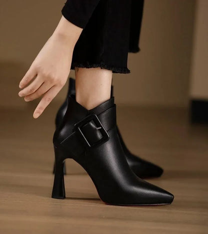 Women's Heeled Ankle Boots with Oversized Buckle Detail